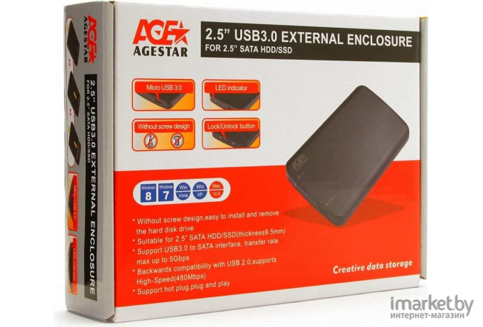 Бокс для жесткого диска AgeStar Внешний 2.5" HDD [3UB2A12-(6G)]; SATA-> USB 3.0; Black