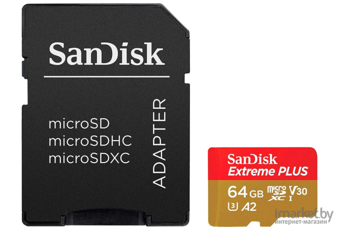 Карта памяти SanDisk Extreme Plus microSDXC 64GB + SD Adapter + Rescue Pro Deluxe 170MB/s A2 C10 V30 UHS-I U3 [SDSQXBZ-064G-GN6MA]