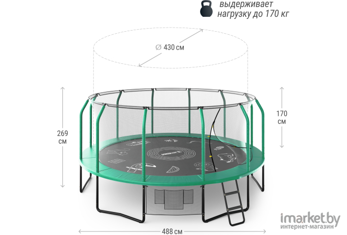Батут Unix Line Supreme Game 16 ft-488 см Green с защитной сеткой и лестницей [TRUSUG16GR]