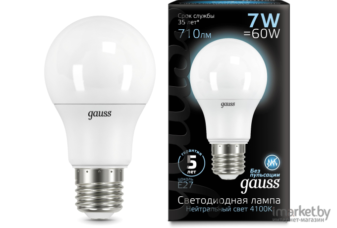 Лампа Gauss LED A60 E27 7W 710lm 4100K 1/10/40 [102502207]