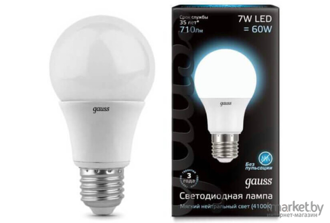 Лампа Gauss LED A60 E27 7W 710lm 4100K 1/10/40 [102502207]