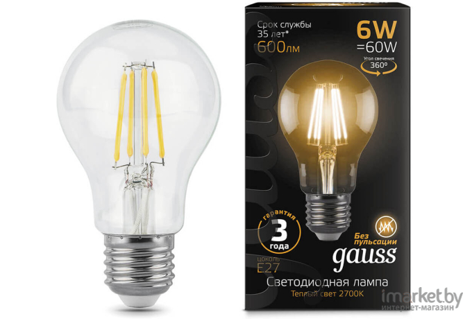 Лампа Gauss LED Filament A60 E27 6W 600lm 2700К 1/10/40 [102802106]