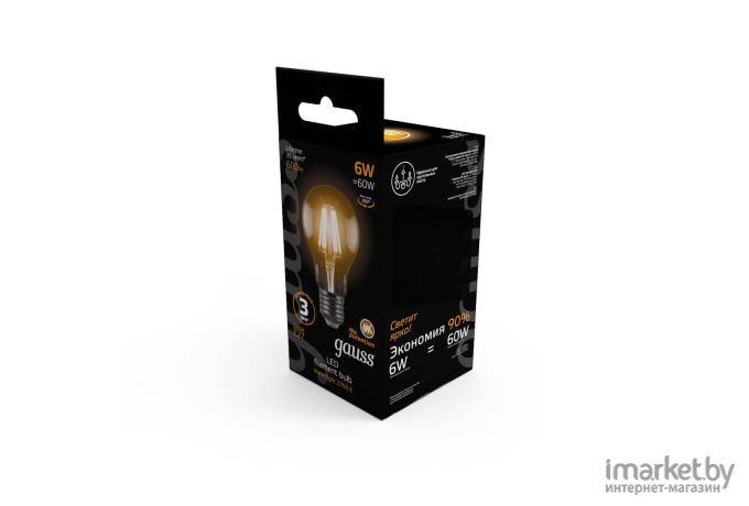 Лампа Gauss LED Filament A60 E27 6W 600lm 2700К 1/10/40 [102802106]