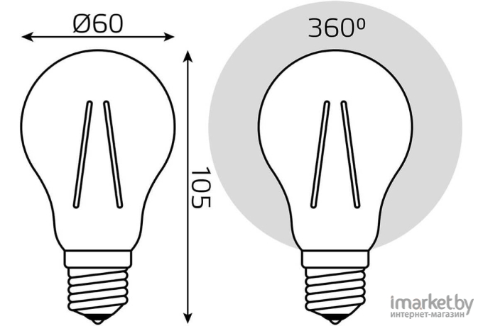 Лампа Gauss LED Filament A60 E27 6W 600lm 2700К 1/10/40 [102802106]