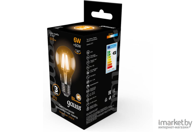 Лампа Gauss LED Filament A60 E27 6W 600lm 2700К 1/10/40 [102802106]