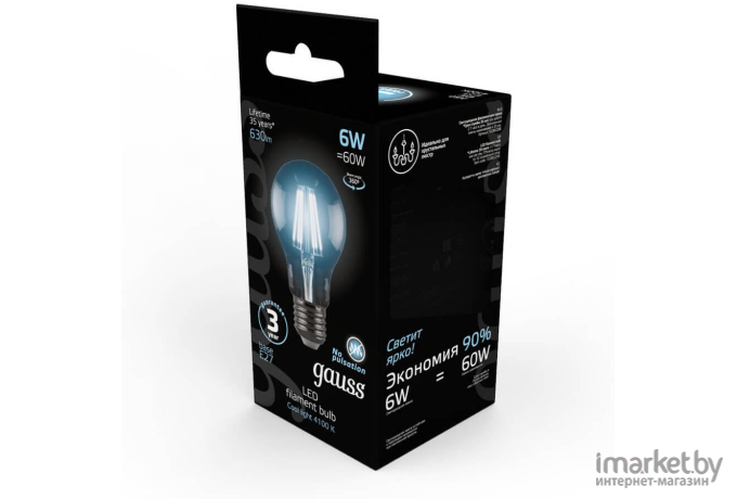 Лампа Gauss LED Filament A60 E27 6W 630lm 4100К 1/10/40 [102802206]