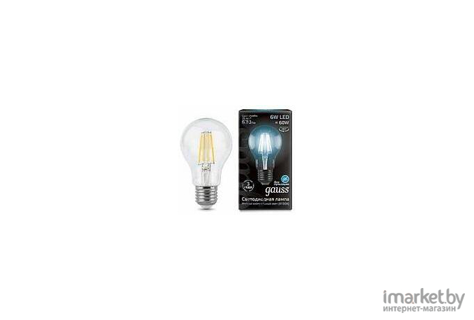 Лампа Gauss LED Filament A60 E27 6W 630lm 4100К 1/10/40 [102802206]