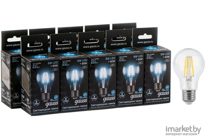 Лампа Gauss LED Filament A60 E27 6W 630lm 4100К 1/10/40 [102802206]