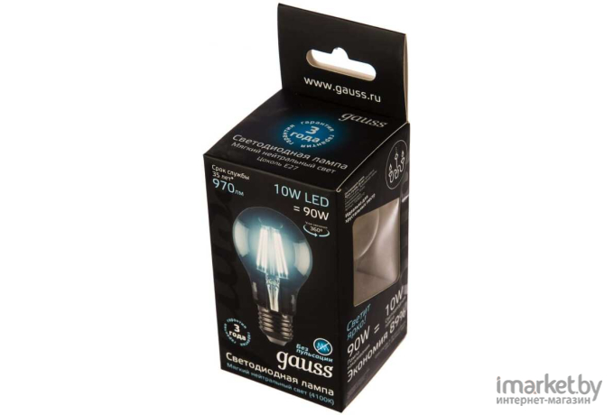 Лампочка Gauss LED Filament A60 E27 10W 970lm 4100К 1/10/40 [102802210]