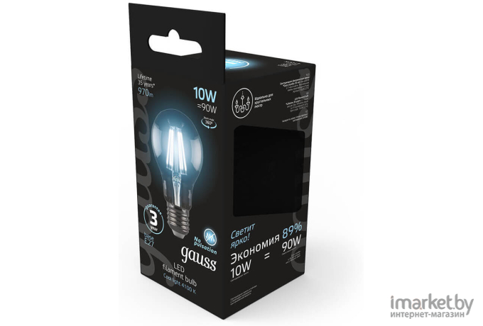 Лампочка Gauss LED Filament A60 E27 10W 970lm 4100К 1/10/40 [102802210]