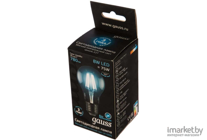 Лампа Gauss LED Filament A60 E27 8W 780lm 4100К 1/10/40 [102802208]