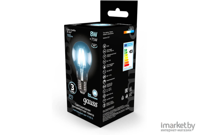 Лампа Gauss LED Filament A60 E27 8W 780lm 4100К 1/10/40 [102802208]