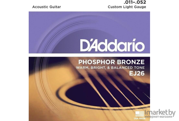 Струны для акустической гитары DAddario EJ26 Custom Light 11-52 (фосфор/бронза)