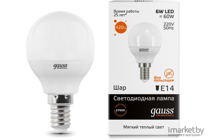  Gauss Лампа Gauss LED Elementary Шар 6W E14 420lm 3000K 1/10/50 [53116]