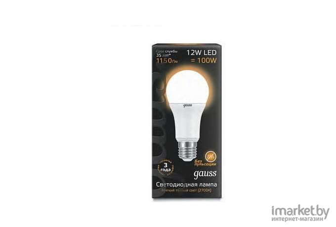 Лампа Gauss LED A60 12W E27 1150lm 3000K 1/10/50 [102502112]