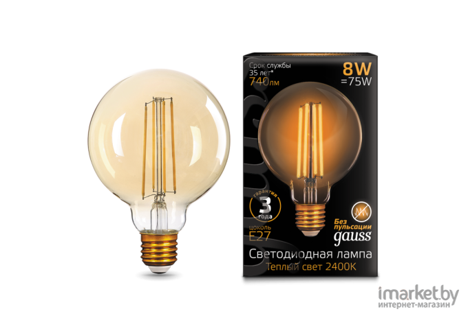  Gauss Лампа Gauss LED Filament G95 E27 8W Golden 740lm 2400К 1/20 [105802008]