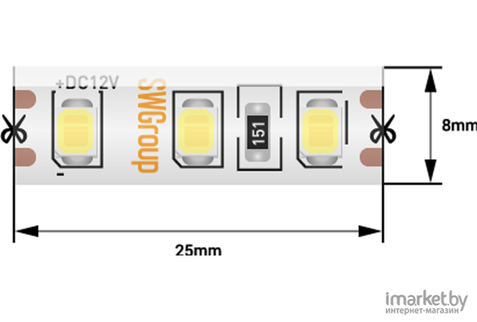  SWG Лента светодиодная стандарт 2835, 120 LED/м, 9,6 Вт/м, 12В , IP65, Цвет: Холодный белый [SWG2120-12-9.6-W-65]