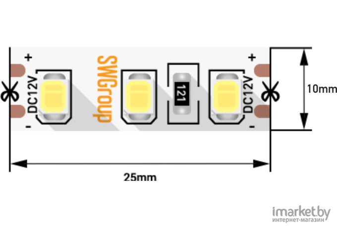 SWG Лента светодиодная стандарт 2835, 120 LED/м, 12 Вт/м, 12В , IP20, Цвет: Теплый белый [SWG2120-12-12-WW]