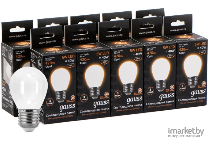 Светодиодная лампа Gauss LED Filament Шар Opal E27 5W 420lm 2700K 1/10/50 [105202105]