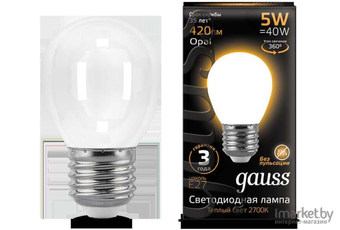 Светодиодная лампа Gauss LED Filament Шар Opal E27 5W 420lm 2700K 1/10/50 [105202105]