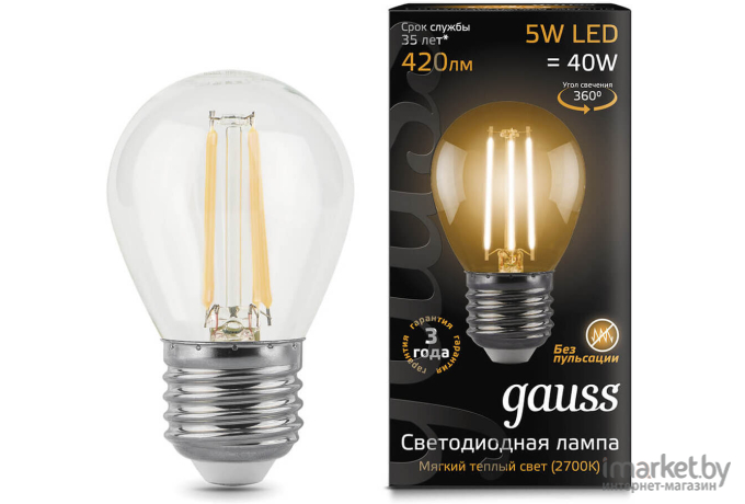 Светодиодная лампа Gauss LED Filament Шар E27 5W 420lm 2700K 1/10/50 [105802105]