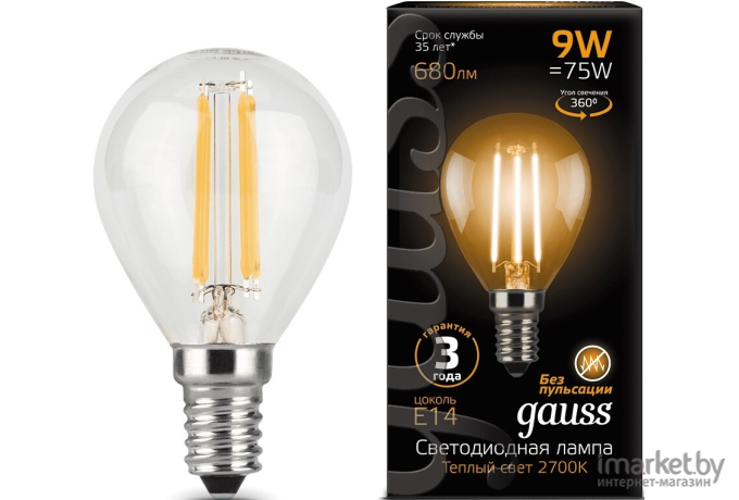 Светодиодная лампа Gauss LED Filament Шар E14 5W 420lm 2700K 1/10/50 [105801105]