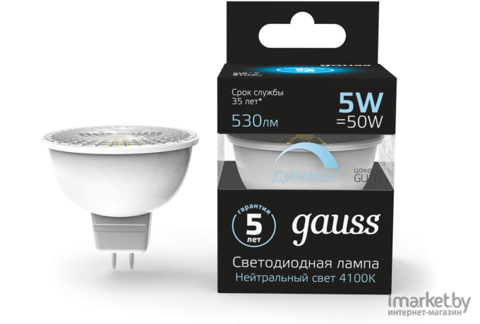 Светодиодная лампа Gauss LED MR16 GU10-dim 5W 530lm 4100K диммируемая 1/10/100 [101506205-D]