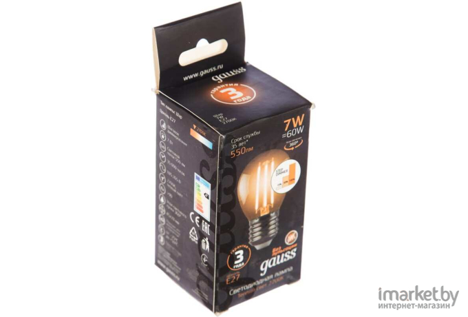 Светодиодная лампа Gauss LED Filament Шар E27 7W 550lm 2700K step dimmable 1/10/50 [105802107-S]