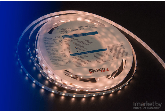 Светодиодная лента DesignLed Лента светодиодная LUX, 3528, 60 LED/м, 4,8 Вт/м, 12В, IP33, Теплый белый (2700K) [DSG360-12-WW-33]