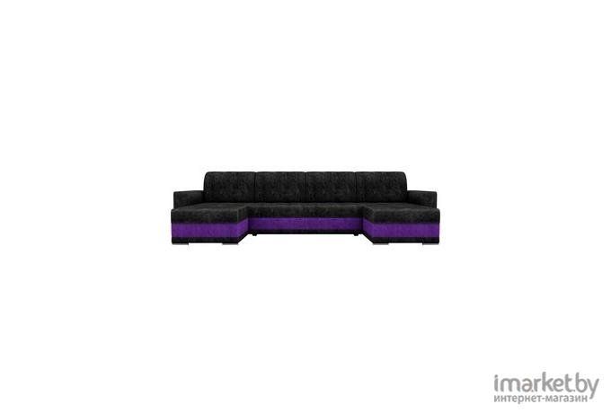 Диван Лига Диванов Честер п-образный велюр черный вставка фиолетовая