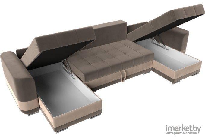 Диван Лига Диванов Честер п-образный велюр коричневый вставка бежевая