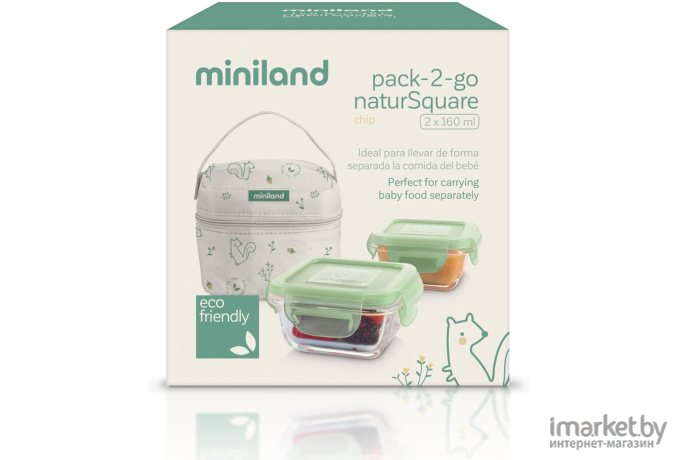 Термосумка для бутылочек Miniland Pack-2-Go Natursquare с двумя стеклянными квадратными контейнерами бурундук