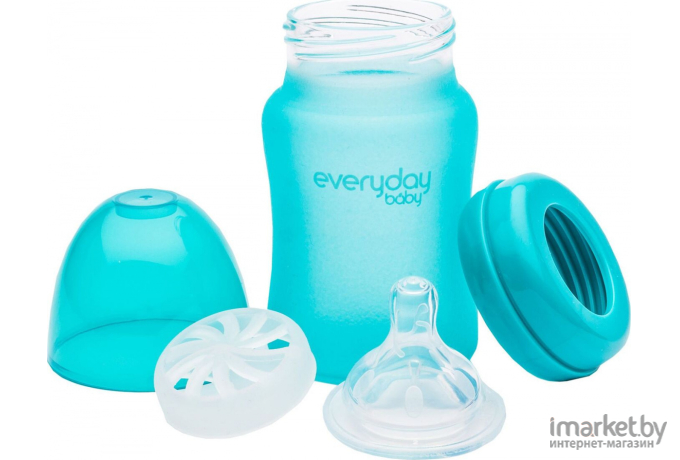 Бутылочка для кормления Everyday Baby Стеклянная с индикатором температуры и защитным силиконовым покрытием 150 мл бирюзовый