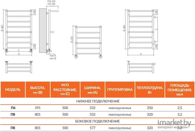 Полотенцесушитель TERMINUS Анкона с полкой П8 500х850 с наружной резьбой