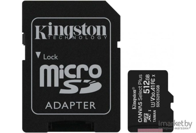 Карта памяти Kingston microSDHC 512GB microSDXC Class10 UHS-I Canvas Select up 100MB/s с адапт [SDCS2/512GB]