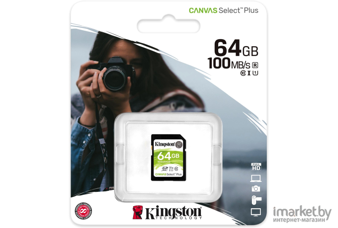 Карта памяти Kingston SDHC 64Gb Clas Canvas Select 100R CL10 UHS-I [SDS2/64GB]