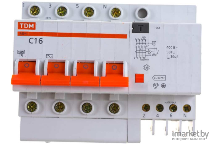 Выключатель нагрузки TDM АД-4-4P-16А-30мА [SQ0221-0006]