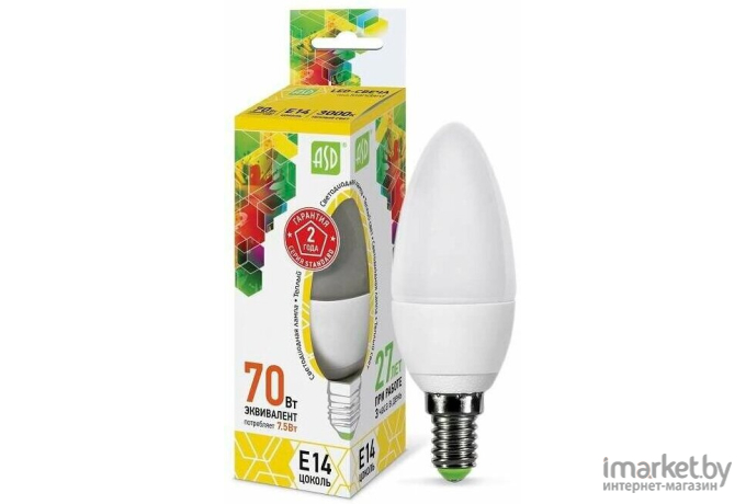 Светодиодная лампа ASD Свеча Standard LED E14 7.5W 160-260V 3000K 675Lm Warm [4690612003924]