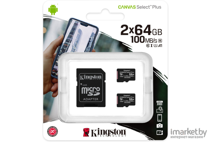 Карта памяти Kingston microSDHC 64GB microSDXC Class10 Class10 UHS-I Canvas Select up 100MB/s с адапт