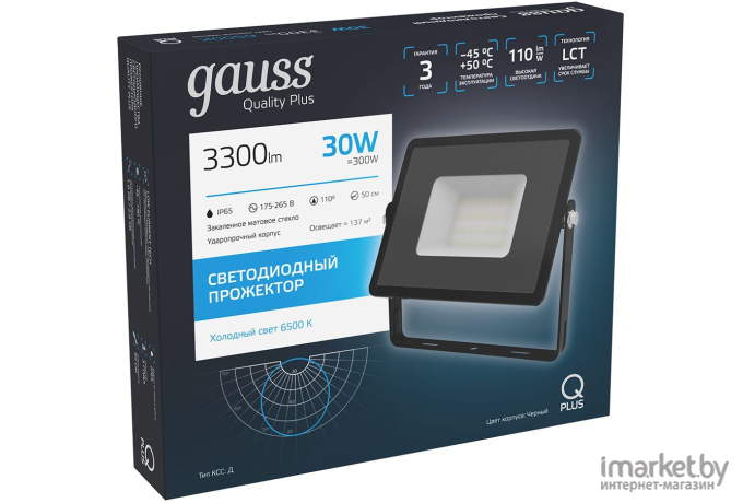 Фонарь, прожектор Gauss LED Qplus 30W 2700lm IP65 6500К 1/30 черный