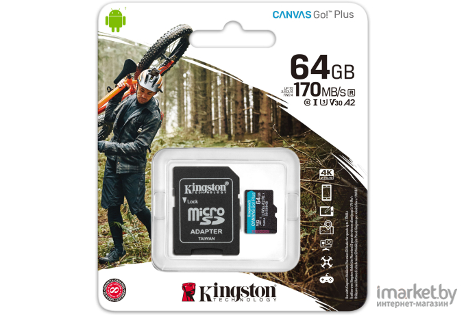 Карта памяти Kingston SecureDigital Micro 64Gb SDXC Canvas Go Plus 170R Class 10 UHS-I U3 V30 A2 + переходник [SDCG3/64GB]