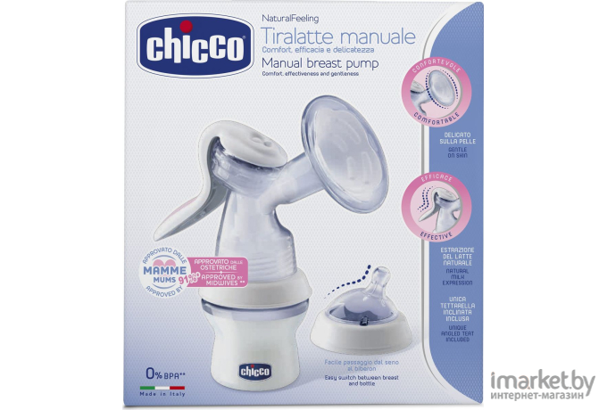 Молокоотсос Chicco Natural Feeling + салфетки для груди очищающие 72 шт.