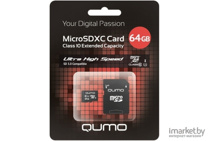 Карта памяти QUMO microSDXC 64GB Pro series microSDXC Class 10 UHS-I, U3 + SD адаптер [QM64GMICSDXC10U3]