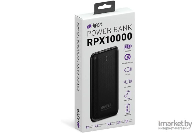 Портативное зарядное устройство Hiper RPX10000 Li-Pol 10000 mAh QC 3A+2.4A 2xUSB 1xType-C черный [RPX10000 BLACK]