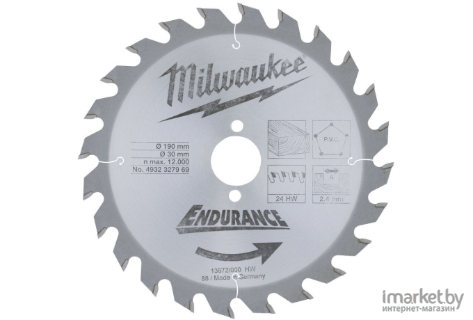 Диск пильный Milwaukee по дереву D 190х30х2,4 мм 24Z [4932471301]