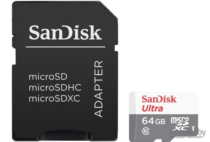 Карта памяти SanDisk microSD 64GB microSDXC Class 10 Ultra (SD адаптер) UHS-I 100MB/s [SDSQUNR-064G-GN3MA]