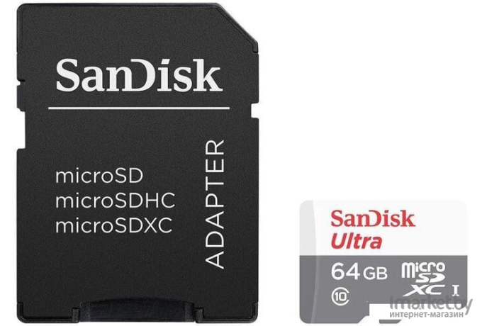 Карта памяти SanDisk microSD 64GB microSDXC Class 10 Ultra (SD адаптер) UHS-I 100MB/s [SDSQUNR-064G-GN3MA]