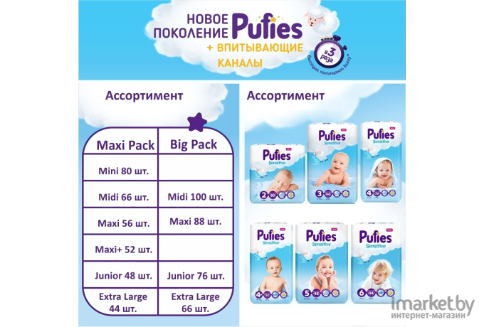 Детские подгузники Pufies Sensitive Mini 4-8кг (80шт)