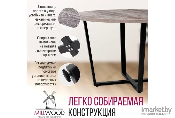 Стол Millwood Лофт Орлеан Л D100x75 cосна пасадена/опора черный муар