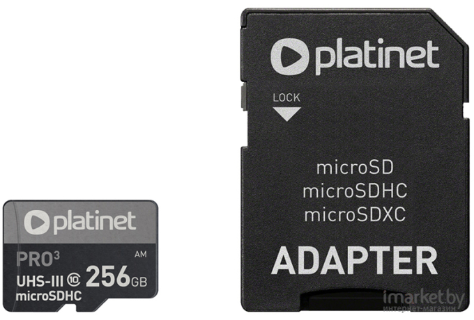 Карта памяти Platinet microSDXC SECURE DIGITAL + ADAPTER SD 256GB class10 UIII A2 90MB [PMMSDX256UIII]